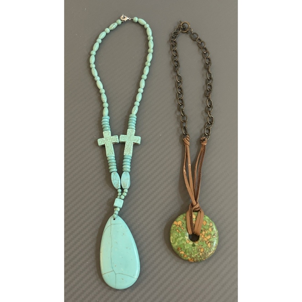 Lot of 2 Necklaces Howlite Turquoise Cross & Jasper Gem Stone Pendant